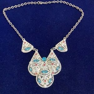 Vintage intricate white painted necklace with aquamarine & rose colored crystals